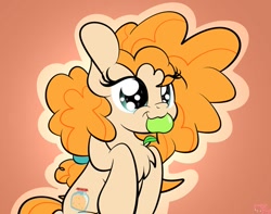 Size: 1007x793 | Tagged: safe, artist:kimjoman, pear butter, earth pony, pony, the perfect pear, :3, :t, apple, chest fluff, cute, female, food, gradient background, green apple, mare, mouth hold, nom, orange background, outline, simple background, sitting, smiling, solo, starry eyes, wingding eyes