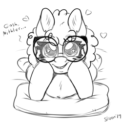 Size: 1000x1000 | Tagged: safe, artist:skoon, twist, earth pony, pony, black and white, blushing, cute, female, filly, flirting, glasses, grayscale, heart, heart eyes, hoof on cheek, looking at you, monochrome, pillow, prone, sketch, solo, twistabetes, wingding eyes