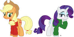 Size: 4502x2267 | Tagged: safe, artist:anime-equestria, applejack, rarity, earth pony, pony, unicorn, applejack's hat, blushing, christmas, clothes, cowboy hat, cute, duo, eyeshadow, female, hairband, hat, holiday, horn, jumper, lesbian, long sleeves, makeup, mare, rarijack, shipping, simple background, smiling, sweater, transparent background, vector, winter