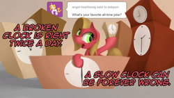 Size: 1280x720 | Tagged: safe, artist:opticspectrum, oc, oc:pun, earth pony, pony, ask, ask pun, clock, female, mare, solo