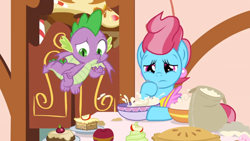 Size: 1600x900 | Tagged: safe, screencap, cup cake, spike, dragon, earth pony, pony, the big mac question, apple, bowl, cake, counting, cupcake, flour, flying, food, kitchen, mixing, mixing bowl, pie, winged spike