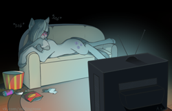 Size: 1000x648 | Tagged: safe, artist:asilingrose, marble pie, earth pony, pony, can, crying, female, food, lying down, mare, movie night, night, popcorn, prone, signature, sofa, solo, television
