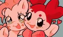 Size: 1164x686 | Tagged: safe, artist:cupidcry, derpibooru import, pinkie pie, earth pony, pony, beanbrows, crossover, cute, diapinkes, eyebrows, female, looking at you, mare, smiling, spinel (steven universe), steven universe