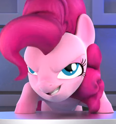 Size: 500x533 | Tagged: safe, screencap, pinkie pie, earth pony, pony, hello pinkie pie, 3d, cropped, cursed, desk, faic, solo