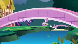 Size: 1280x720 | Tagged: safe, screencap, spike, twilight sparkle, dragon, pony, unicorn, the ticket master, bridge, river