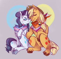 Size: 1550x1500 | Tagged: safe, artist:corporalvortex, applejack, rarity, earth pony, pony, unicorn, applejack's hat, bisexual pride flag, both cutie marks, butch, butt freckles, button, clothes, cowboy hat, cute, ear fluff, eyes closed, eyeshadow, female, freckles, gender headcanon, hat, headcanon, heart, jackabetes, jewelry, makeup, mare, masculine mare, nonbinary, nonbinary pride flag, nuzzling, pride, raribetes, rarijack, scarf, sexuality headcanon, shipping, simple background, sitting, trans girl, transgender pride flag, unshorn fetlocks