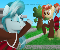 Size: 6000x5000 | Tagged: safe, artist:thevintagepone, lighthoof, shimmy shake, earth pony, pony, bleachers, cheerleader outfit, clothes, dialogue, duo, excited, field, one hoof raised, selfie, tree