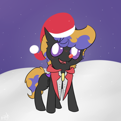 Size: 1200x1200 | Tagged: safe, artist:ezupack, oc, oc:tozuma, changeling, blushing, changeling oc, christmas, christmas changeling, clothes, costume, cute, fangs, hat, holiday, male, purple changeling, red nose, santa hat, snow