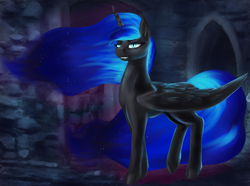 Size: 2683x2000 | Tagged: safe, artist:dukevonkessel, nightmare moon, alicorn, pony, castle, ethereal mane, eyeshadow, fangs, female, horn, lidded eyes, looking at you, makeup, mare, night, smiling, solo, wings