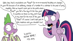 Size: 1200x675 | Tagged: safe, artist:pony-berserker, spike, twilight sparkle, twilight sparkle (alicorn), alicorn, dragon, pony, pony-berserker's twitter sketches, happy new year, happy new year 2020, holiday, new year's resolution, rick and morty, rick sanchez, style emulation, twirick, winged spike