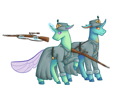 Size: 2100x1600 | Tagged: safe, artist:flaming-trash-can, changedling, changeling, clothes, colored hooves, commission, duo, glowing horn, gun, horn, magic, military, police, quadrupedal, rifle, simple background, telekinesis, uniform, weapon, white background