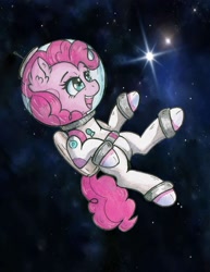 Size: 1608x2081 | Tagged: safe, artist:lightisanasshole, pinkie pie, earth pony, pony, astronaut, astronaut pinkie, clothes, element of laughter, floating, future, happy, jetpack, looking up, smiling, solo, space, spacesuit, stars, suit, traditional art, watercolor painting