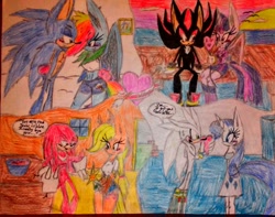 Size: 1828x1440 | Tagged: safe, artist:dansonic15, applejack, rainbow dash, rarity, twilight sparkle, twilight sparkle (alicorn), alicorn, anthro, crossover, female, knuckles the echidna, male, shadow the hedgehog, shipping, silver the hedgehog, sonic the hedgehog, sonic the hedgehog (series), sonicdash, straight, traditional art