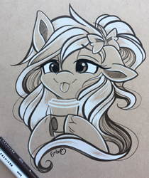 Size: 2937x3496 | Tagged: safe, artist:emberslament, oc, oc only, oc:mocha latte, earth pony, pony, :p, arm hooves, bow, coffee, colored pencil drawing, cute, female, hair bow, mare, silly, solo, tongue out, traditional art