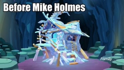 Size: 960x540 | Tagged: safe, edit, edited screencap, screencap, uprooted, caption, cave, cave of harmony, discovery family logo, holmes on homes, image macro, no pony, text, treehouse, treehouse of harmony