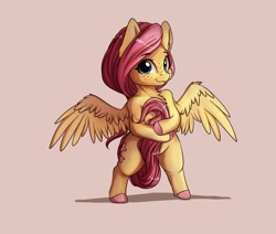 Size: 2332x1976 | Tagged: safe, artist:miokomata, fluttershy, pegasus, pony, semi-anthro, bipedal, chest fluff, covering, fangs, female, freckles, mare, sexy, simple background, smol, solo, tail between legs, tail covering