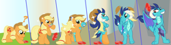 Size: 3981x1072 | Tagged: safe, artist:playfingers, applejack, princess ember, dragon, earth pony, pony, bloodstone scepter, character to character, dragoness, female, gem, hat, mare, question mark, scepter, transformation, transformation sequence