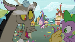 Size: 1600x896 | Tagged: safe, screencap, discord, spike, sugar belle, dragon, the big mac question, apple, barrel, boop, building, cabbage, confused, flower, food, mess, non-consensual booping, noseboop, ponyville, rose, tent, winged spike