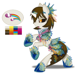 Size: 1024x1015 | Tagged: safe, artist:zahpkiel, oc, oc only, oc:rainbow fins, kelpie, merpony, clothes, reference sheet, solo, transparent background