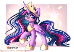 Size: 1000x707 | Tagged: safe, artist:chaosangeldesu, princess twilight 2.0, twilight sparkle, twilight sparkle (alicorn), alicorn, pony, the last problem, big crown thingy 2.0, blushing, crown, cute, end of ponies, female, jewelry, looking at you, mare, older, older twilight, one hoof raised, patreon, patreon logo, raised hoof, regalia, smiling, solo, twiabetes