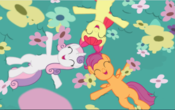 Size: 1491x942 | Tagged: safe, screencap, apple bloom, scootaloo, sweetie belle, earth pony, pegasus, pony, unicorn, growing up is hard to do, being big is all it takes, bow, cropped, cute, cutie mark, cutie mark crusaders, eyes closed, female, flower, hair bow, lying down, mare, older, older apple bloom, older cmc, older scootaloo, older sweetie belle, smiling, trio