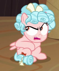 Size: 544x648 | Tagged: safe, screencap, cozy glow, pegasus, pony, the summer sun setback, bow, cozy glow is best facemaker, cozy glow is not amused, cropped, female, filly, foal, freckles, hair bow, open mouth, sitting, solo, squatting, tail bow