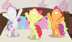 Size: 1302x760 | Tagged: safe, screencap, apple bloom, scootaloo, sweetie belle, earth pony, pegasus, pony, unicorn, growing up is hard to do, bed, being big is all it takes, bipedal, bow, cropped, cutie mark crusaders, female, filly, hair bow, hooves in air, nose in the air, pillow, smiling, trio