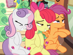 Size: 1100x823 | Tagged: safe, screencap, apple bloom, lemon hearts, scootaloo, sweetie belle, earth pony, pegasus, pony, unicorn, growing up is hard to do, bow, cropped, cutie mark crusaders, down under, eyes closed, female, friendship express, hair bow, lidded eyes, mare, older, older apple bloom, older cmc, older scootaloo, older sweetie belle, smiling, trio focus