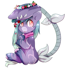 Size: 1567x1537 | Tagged: safe, artist:pomrawr, oc, oc only, monster pony, original species, piranha plant pony, plant pony, augmented tail, clothes, female, floral head wreath, flower, plant, scarf, simple background, sitting, solo, tail mouth, tongue out, transparent background, unshorn fetlocks, ych result