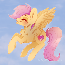 Size: 768x768 | Tagged: safe, artist:saltylittlemidget, scootaloo, pony, blushing, chest fluff, cute, cutealoo, eyes closed, flying, older, scootaloo can fly, signature, smiling, solo, spread wings, wings