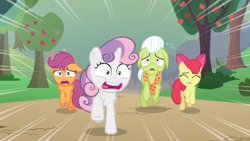 Size: 1600x900 | Tagged: safe, screencap, apple bloom, granny smith, scootaloo, sweetie belle, pony, the big mac question, apple, apple tree, cutie mark crusaders, frightened, orchard, panic, running, tree