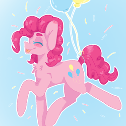 Size: 768x768 | Tagged: safe, artist:saltylittlemidget, derpibooru import, pinkie pie, earth pony, pony, balloon, chest fluff, cute, diapinkes, eyes closed, floating, solo, then watch her balloons lift her up to the sky, tongue out