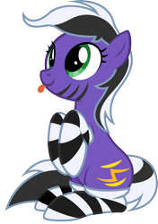 Size: 1585x2256 | Tagged: safe, artist:lightning stripe, derpibooru exclusive, oc, oc:lightning stripe, earth pony, pony, 2020 community collab, :p, black and white mane, clothes, cross-eyed, cute, cutie mark, derpibooru community collaboration, eyelashes, female, green eyes, makeup, mare, ocbetes, purple coat, show accurate, silly, simple background, sitting, sitting up, socks, solo, striped socks, stripes, tongue out, transparent background, two toned mane, two toned tail, vector