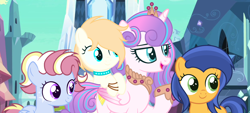 Size: 3688x1664 | Tagged: safe, artist:razorbladetheunicron, princess flurry heart, oc, oc:golden shower, oc:lanoga, oc:scoop, alicorn, earth pony, pegasus, pony, alternate universe, base used, bracelet, colored wings, crown, crystal empire, face markings, female, filly, gradient mane, gradient wings, jewelry, lateverse, magical lesbian spawn, mare, next generation, offspring, parent:cloudchaser, parent:rainbow dash, parents:rainbowchaser, regalia, wings