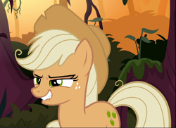 Size: 1292x939 | Tagged: safe, screencap, mean applejack, pony, the mean 6, amused, clone, cropped, lip bite, narrowed eyes, smiling, solo