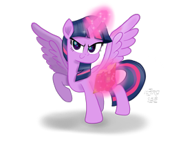 Size: 2400x1960 | Tagged: safe, artist:n3ro 182, twilight sparkle, twilight sparkle (alicorn), alicorn, pony, aura, book, determined, female, glowing horn, horn, magic, mare, raised hoof, simple background, smiling, solo, telekinesis, transparent background