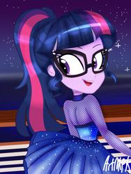 Size: 1536x2048 | Tagged: safe, artist:artmlpk, sci-twi, twilight sparkle, equestria girls, alternate design, cruise, cruise ship, cute, looking back, looking over shoulder, ponytail, smiley face, solo, twiabetes