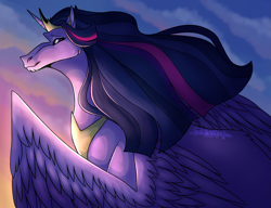 Size: 2935x2253 | Tagged: safe, artist:tenta-noodle, princess twilight 2.0, twilight sparkle, twilight sparkle (alicorn), alicorn, pony, unicorn, the last problem, crown, hoers, jewelry, large wings, long mane, looking at you, older, older twilight, peytral, regalia, smiling, solo, wings