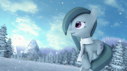Size: 3840x2160 | Tagged: safe, artist:goldenlogik, marble pie, pony, 3d, clothes, cloud, pine tree, scarf, snow, snowfall, solo, source filmmaker, tree
