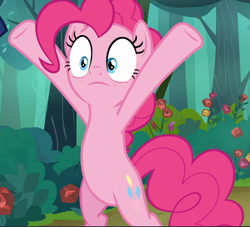 Size: 1037x940 | Tagged: safe, screencap, pinkie pie, earth pony, pony, the mean 6, bipedal, cropped, female, hooves in air, mare, raised hoof, shrunken pupils, solo, x pose