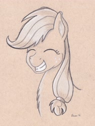 Size: 3281x4336 | Tagged: safe, artist:peruserofpieces, applejack, earth pony, pony, bust, colored pencil drawing, eyes closed, female, mare, smiling, toned paper, traditional art
