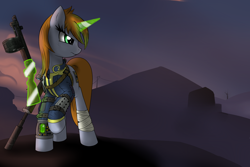 Size: 3000x2000 | Tagged: safe, artist:vinaramic, oc, oc only, oc:littlepip, pony, unicorn, fallout equestria, bandage, clothes, fanfic, fanfic art, female, glowing horn, gun, hooves, horn, levitation, magic, mare, optical sight, pipbuck, rifle, scope, shotgun, sniper rifle, solo, telekinesis, vault suit, wasteland, weapon