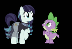 Size: 639x435 | Tagged: safe, artist:dashiesparkle, editor:undeadponysoldier, coloratura, spike, dragon, earth pony, pony, black background, crush, cute, female, happy, male, mare, raraspike, shipping, simple background, spikabetes, spike is at it again, straight, vector