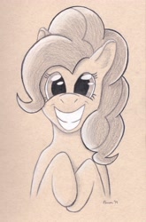 Size: 3281x4975 | Tagged: safe, artist:peruserofpieces, pinkie pie, earth pony, pony, bust, colored pencil drawing, crossed hooves, female, looking at you, mare, smiling, toned paper, traditional art