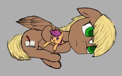 Size: 400x251 | Tagged: safe, artist:nobleboron, scootaloo, oc, oc only, oc:threnody, pegasus, pony, fallout equestria, fallout equestria: project horizons, fanfic art, female, floppy ears, gray background, hooves, hug, lying, mare, on side, plushie, sad, simple background, solo, wings