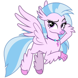 Size: 3000x3000 | Tagged: safe, artist:cheezedoodle96, silverstream, classical hippogriff, hippogriff, .svg available, female, flying, jewelry, lidded eyes, looking at you, necklace, raised eyebrow, simple background, smiling, smirk, solo, spread wings, svg, transparent background, vector, wings