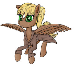 Size: 1233x1089 | Tagged: safe, artist:nobleboron, oc, oc only, oc:threnody, pegasus, pony, fallout equestria, fallout equestria: project horizons, fallout equestria: speak, clothes, fanfic, fanfic art, female, flying, hooves, mare, simple background, solo, spread wings, transparent background, trenchcoat, wings