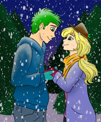 Size: 2703x3273 | Tagged: safe, artist:bellbell123, applejack, spike, human, applespike, clothes, coat, cute, female, high res, holding hands, humanized, looking at each other, male, mittens, profile, scarf, shipping, snow, snowfall, straight, winter, winter outfit