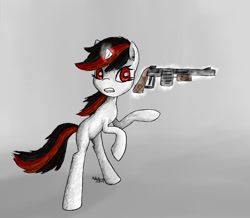 Size: 600x522 | Tagged: safe, artist:nobleboron, oc, oc only, oc:blackjack, pony, unicorn, fallout equestria, fallout equestria: project horizons, bipedal, fanfic, fanfic art, female, glowing horn, gritted teeth, gun, hooves, horn, levitation, magic, mare, missing cutie mark, shooting, shotgun, solo, telekinesis, weapon