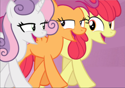 Size: 1339x940 | Tagged: safe, screencap, apple bloom, scootaloo, sweetie belle, earth pony, pegasus, pony, unicorn, growing up is hard to do, being big is all it takes, cropped, cutie mark crusaders, female, lidded eyes, looking at each other, mare, older, older apple bloom, older cmc, older scootaloo, older sweetie belle, open mouth, trio, trotting
